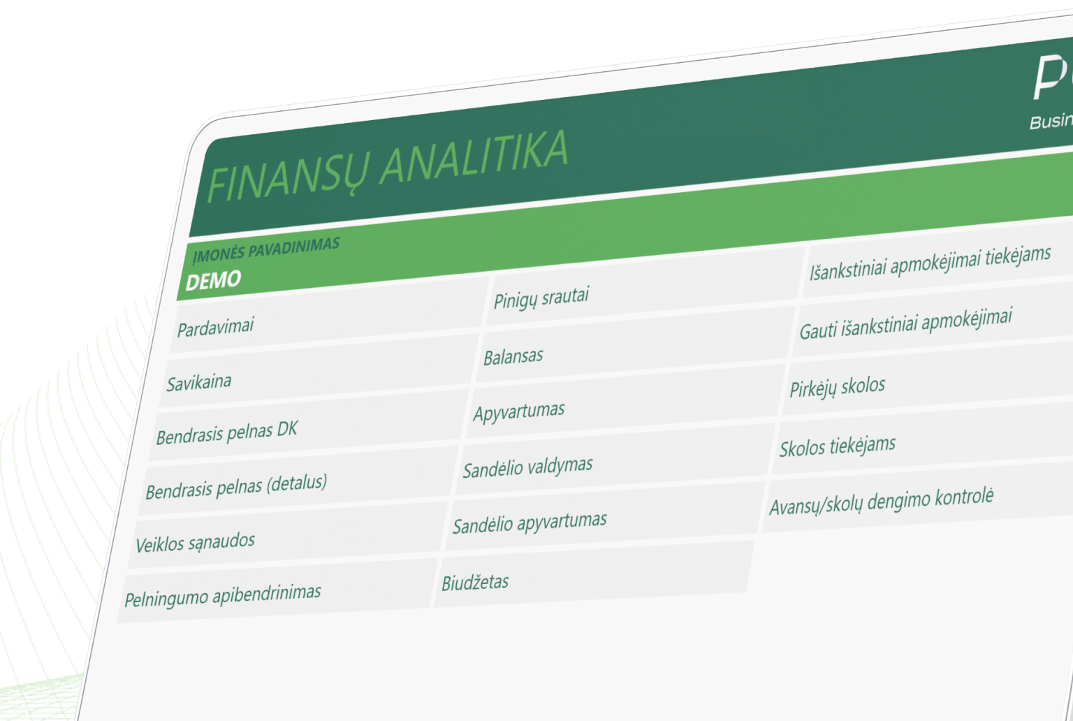 PLY Business demonstracinę Power BI finansų analitikos ataskaitą sudaro pagrindinės verslo analizės sritys: pardavimai, savikaina, bendrasis pelnas, veiklos sąnaudos, pelningumo apibendrinimas, pinigų srautai, balansas, apyvartumas, sandėlio valdymas ir apyvartumas, išankstiniai mokėjimai tiekėjams, gauti išankstiniai mokėjimai, pirkėjų ir tiekėjų skolos, avansų ir skolų dengimo kontrolė bei biudžetas. Paprastai panaši Power BI ataskaita parengiama pirminio PLY Business diegimo metu, jos struktūrą, rodiklius ir analitinius pjūvius pritaikant prie konkrečios įmonės verslo modelio ir analizės poreikių.